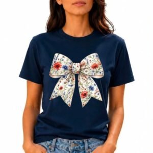Navy Blue T Shirt With Cream Bow