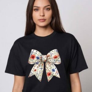 Black T Shirt With Cream Bow