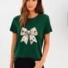 Bottle Green T Shirt With Cream Bow